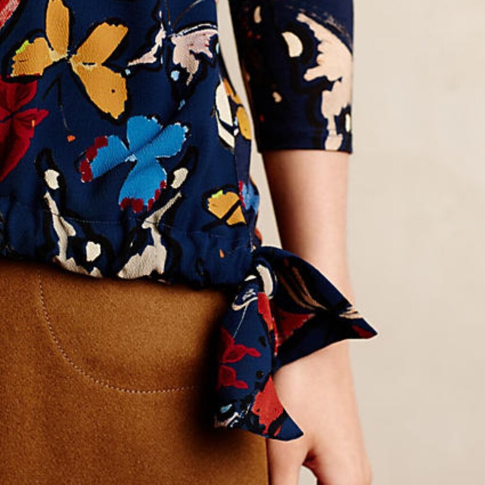 ANTHROPOLOGIE Eustace Tie-Bottom Top Blue Motif Colorful Butterfly Print - Picture 4 of 4